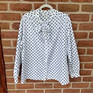Vintage blue and white polka dot blouse with tie. Measurements indicate XL
